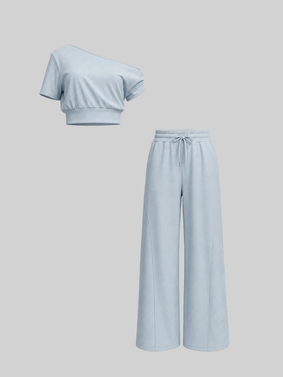 Sweetra Women's Solid Color Asymmetric Neck Top And Pants Casual Daily Sports Outfit - Baby Blue - View 1