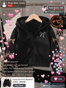 青少年女孩休閒純色蝴蝶結裝飾連帽拉鍊開襟外套，返校秋季款 - 黑色 - 查看 1