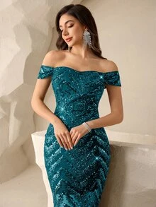 Coutiva 女款亮片露肩開衩優雅晚禮服 - 湖藍色 - 查看 6