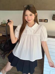 DAZY 女款領口格紋清新韓風滿版印花襯衫 秋季 - 白色 - 查看 6