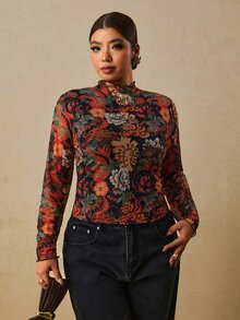 Travachic 大尺碼女款浪漫花卉印花長袖上衣 - 黑色 - 查看 6