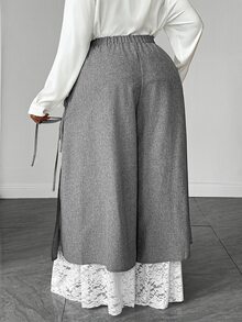Maweii Plus Size 2 In 1 Lace Patchwork Side Bowknot Long Pants - Dark Grey - View 2