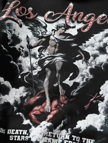 ROMWE MEN 男士字母與天使印花長袖休閒連帽衛衣 - 黑色 - 查看 2