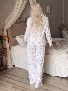 CottageSlumber Women's Romantic Floral Fleece Ribbed Asymmetrical Shoulder Long Sleeve Wide Leg Pants Pajama Set - White - View 2