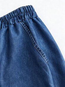 SHEIN Holidaya 女款休閒錐形牛仔印花長褲，夏季休閒度假褲，標準版型慢跑褲，彈性腰帶，斜口袋，抽繩綁帶，返校長褲，女款通勤穿搭長褲，假日穿搭長褲，度假穿搭長褲，外出穿搭長褲 - 藍色 - 查看 7