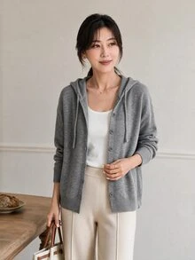 Yumoku Women's Versatile Casual Single-Breasted Hooded Knit Cardigan Everyday Brunch Grey Autumn Everyday Women Winter Sweater - Grey - View 6