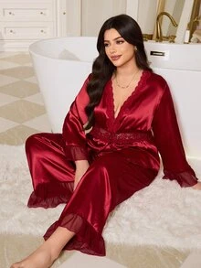 MuseNap CURVE Burgundy Lace Deep V Neckline Waist Lace Hollow Out Long Sleeve Long Pants Mesh Design Plus Size Women's Loungewear Set - Burgundy - View 5