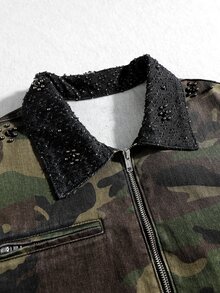 ROMWE MEN 男士迷彩圖案長袖前開拉鍊牛仔夾克 - 軍綠色 - 查看 2