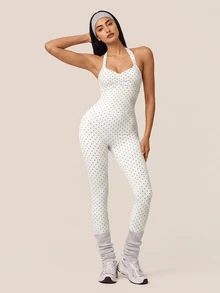 SHEIN BAE Women White Polka Dot Backless Athletic Jumpsuit Gym Workout Training Running Yoga Sports Bodysuit - White - View 9