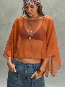 Bohemela Women's Solid Color Sheer Vacation Top For Beach - Orange - View 6