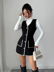 Elenzga Áo vest khoác dáng ôm thêu vỏ sò, nút ngọc trai giả, phong cách công sở tinh tế cho mùa Thu/Đông - màu đen - Xem 4