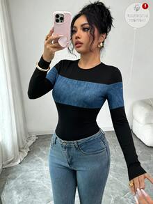 Selianne 休閒時尚拼接牛仔印花圓領長袖高彈力修身貼身性感風女款日常內搭連身衣 - 彩色 - 查看 3