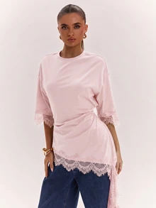 SHEIN BAE Women's Solid Color Round Neck Contrast Lace Asymmetric Hem Fashion Top - Coral Pink - View 5