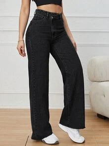 SHEIN PETITE 女款不對稱腰部口袋寬腿休閒牛仔褲 - 黑色 - 查看 3
