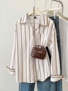 Comfortcana 女款刺繡棕色條紋拼接長袖修身時尚襯衫，附口袋，休閒優雅翻領 - 卡其色 - 查看 6