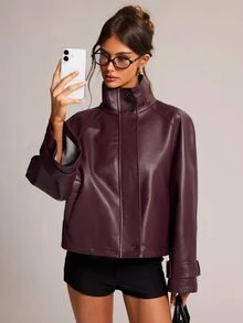 SHEIN BAE 女款時尚街頭風高領鈕扣長袖夾克外套 - 酒紅色 - 查看 4