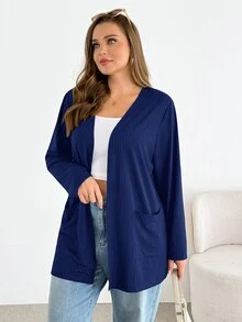 SHEIN Essnce 大尺碼秋季休閒純色雙口袋夾克 - 寶藍色 - 查看 3