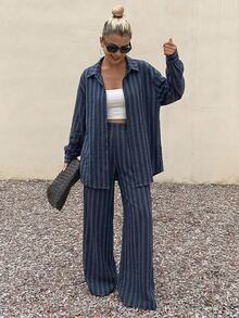 DAZY Teen Girl Striped Long Sleeve Top And Pants Casual Daily Outfit Fall - Navy Blue - View 2
