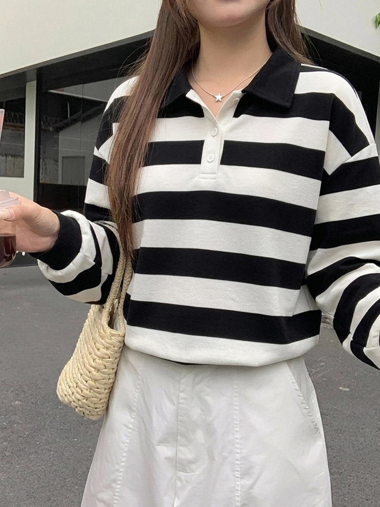 DAZY Autumn Casual Colorblock Striped Regular Fit Sweatshirt - Black and White - View 5