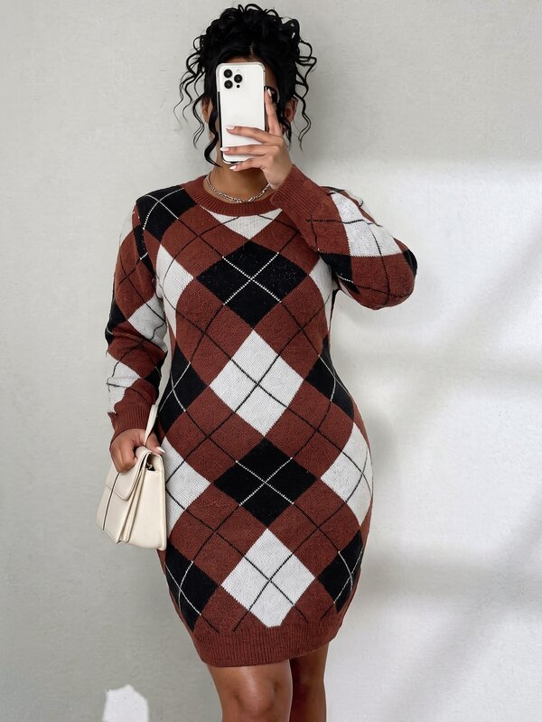 Elenzga Plus Size Vintage Argyle Knit Casual Dress For Women, Slim Fit Flattering Long Sleeve Bodycon Short Sweater Dress, Autumn/Winter