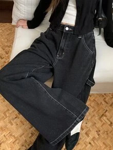DAZY 女款寬腿鬆身長褲休閒百搭牛仔褲，附口袋，秋季款 - 灰色 - 查看 8