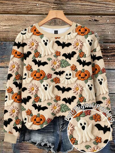 SHEIN LUNE Women's Halloween Ghost, Pumpkin & Bat Print Raglan Long Sleeve Sweatshirt Pullover Fall Outfit