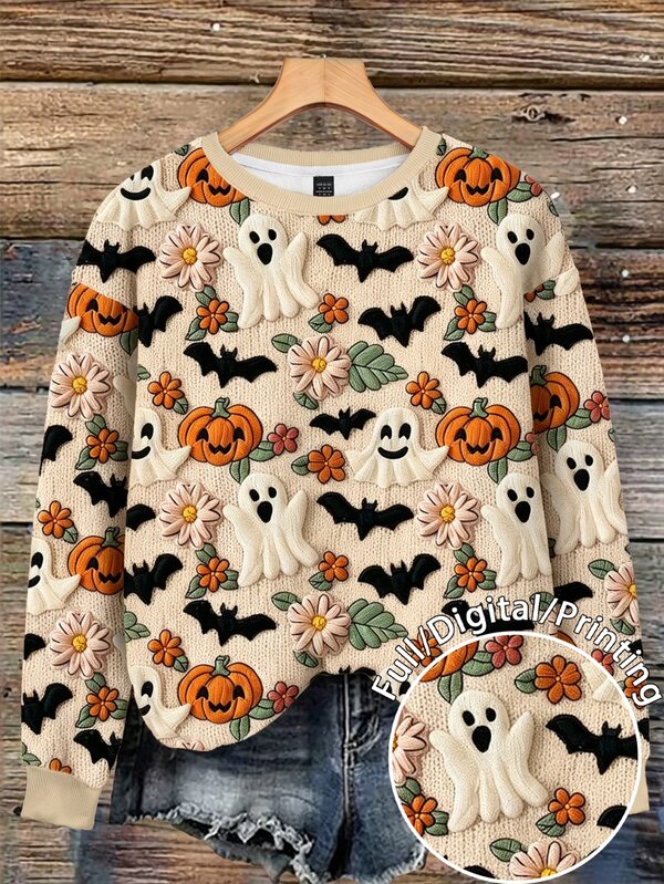 SHEIN LUNE Women's Halloween Ghost, Pumpkin & Bat Print Raglan Long Sleeve Sweatshirt Pullover Fall Outfit