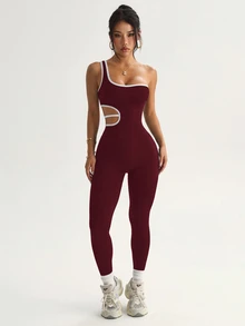 Dewbera Dewbera Women's One-Shoulder Side Waist Cutout Design Sports Jumpsuit - Red - View 4