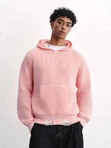 TOKVUE 男士字母刺繡落肩長袖口袋休閒連帽衛衣 - 粉色 - 查看 4