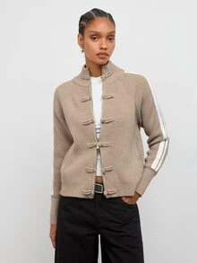Maija Beige New Chinese Style Frog Button Striped Sporty Knit Cardigan Urban Autumn - Khaki - View 5