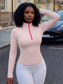 Rovax Front Zipper Fitted Cropped Sports T-Shirt - Baby Pink - View 3