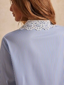 Écloséra Curve Plus Size Blue & White Striped Lace Trim Collared Shirt Fall - Blue and White - View 7