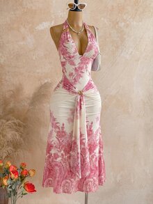 Soleia 女款花卉印花深V領性感掛脖長洋裝 - 粉色 - 查看 6