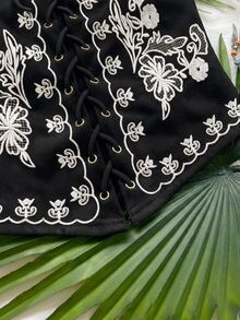 Soleia 女款度假休閒花卉刺繡交叉綁帶抹胸上衣 - 黑色 - 查看 4