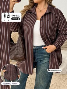 SHEIN CURVE+ Plus Size Women's Striped Casual Versatile Everyday Shirt Fall - Brown - View 1
