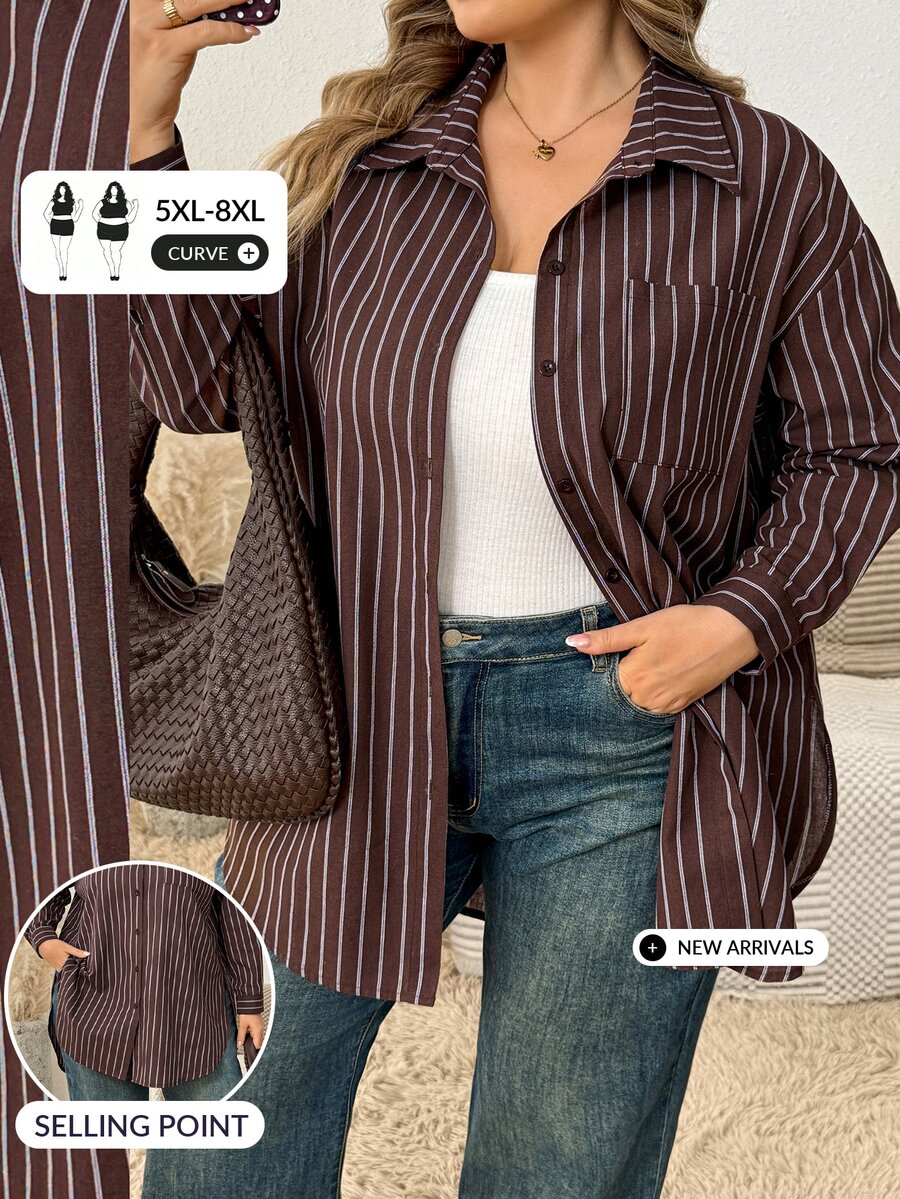 SHEIN CURVE+ Plus Size Women's Striped Casual Versatile Everyday Shirt Fall - Brown - View 1