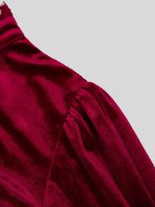 Sweetra Victorian French Court Vintage Light Punk Y2K Lace Embroidered Ruffle Stand Collar Halloween Cosplay Mix & Match Long Sleeve Plus Size Velvet T-Shirt Top - Burgundy - View 8