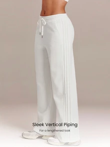 GLOWMODE Everyday Fleece Off-Duty Comfort Tall Sweatpants With Adjustable Drawstring Waist, Side Pockets & Vertical Piping Daily Casual Wear - White - View 4