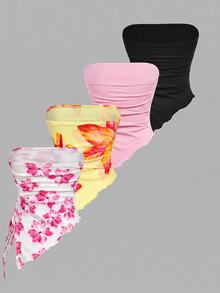 SHEIN MOD 4件組夏季休閒花卉印花不對稱下擺抹胸上衣 - 玫紅色 - 查看 2
