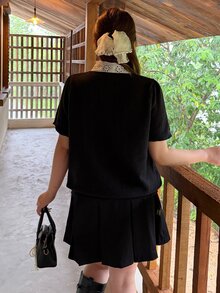 Bijouette Plus Size Lace Bow Knit Top, Puff Sleeve Single-Breasted Cropped Fitted Short Sleeve Cardigan With Bow Decor - Black and White - View 2