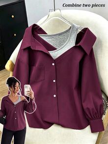 GlowEve CURVE Women's Casual Soft Form Patchwork Contrast Color Asymmetrical Collar Long Sleeve Shirt Office Formal Burgundy Grey Autumn - Burgundy - View 1