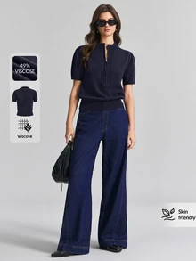 Ontre Women's Minimalist Versatile Zipper Short Sleeve Knit Top - Navy Blue - View 4