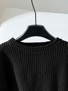 SHEIN 少女款寬鬆極簡圓領綁帶袖裝飾秋季毛衣，棕色針織羅紋蝴蝶結套頭衫，適合冬季校園返校穿搭 - 黑色 - 查看 3