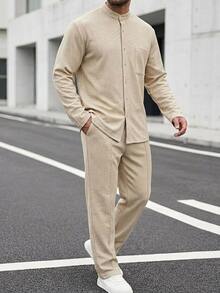 DAZY Spring/Autumn Solid Apricot Shirt Top With Elastic Waist Drawstring Pants, Slightly Loose Fit Men's Shirt Set - Apricot - View 6