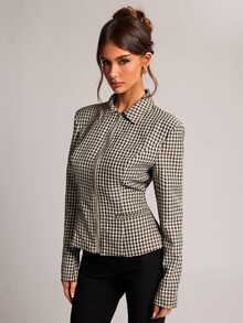 SHEIN BAE Women's Plaid Zipper Front Casual Regular Fit Jacket - Khaki - View 3
