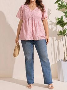 Comfylo Plus Size Vacation Casual Solid Color Cut-Out Shirt - Dusty Pink - View 6