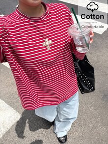 Muchica 大尺碼圓領紅白條紋拼接休閒學院風百搭日常穿搭T恤返校季秋季 - 紅白色 - 查看 5