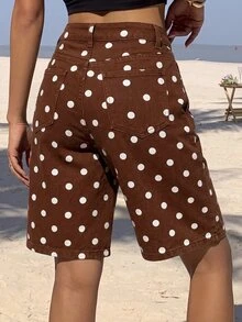 SHEIN PETITE 女款波點圖案口袋休閒百搭牛仔短褲 - 棕色 - 查看 5