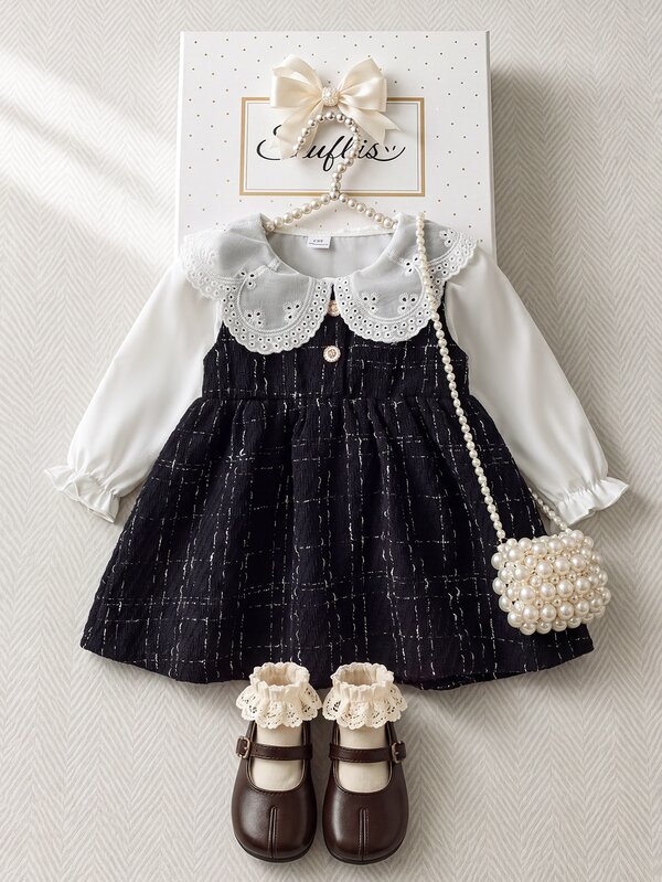 Souflis 2pcs/Set Baby Girl Sweet Elegant White Peter Pan Collar Long Sleeve Shirt With Plaid Tweed Tank Dress, Autumn/Winter Dress Set