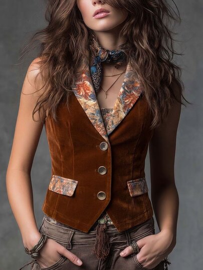 Solivie Chaleco de mujer con estampado floral, casual, retro, vintage, versátil para uso diario, para salir, para el día, para Acción de Gracias, para conciertos, estilo vaquera, ropa de verano